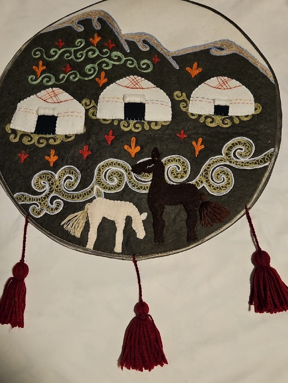 Handcrafted Felt Yurt Wall Hanging with Horses - Gray & Burgundy